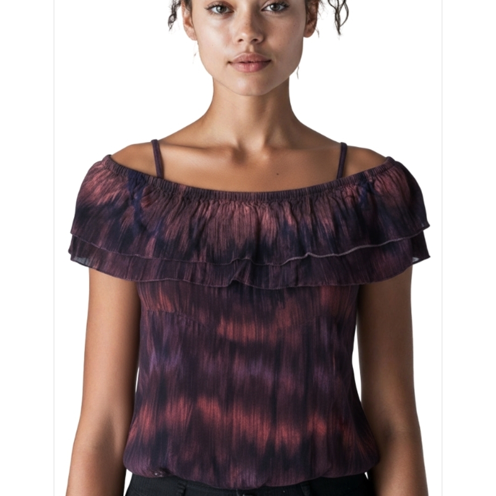 Garage Off-Shoulder Ruffle Blouse - Purple and Black